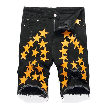 Летние Свободные прямые мужские джинсовые шорты с вышитой оранжевой звездой, Модные брюки средней длины, Черная уличная одежда с рваными отверстиями