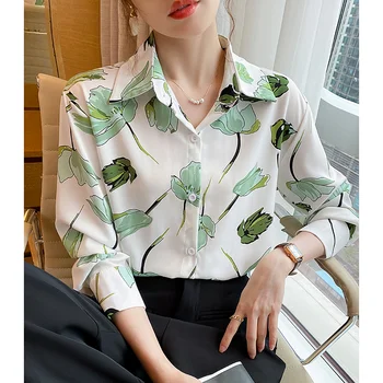 Весенне-осенняя повседневная шифоновая рубашка с цветочным принтом, Винтажная блузка с лацканами, Элегантные прозрачные топы, тонкие блузки 8920#