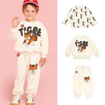 Корейские детские свитера и спортивные штаны 2023 Осень, бренд Bebe, детские свитера с принтом для девочек и мальчиков, брюки, хлопковая футболка с длинными рукавами