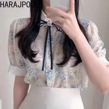Harajpoo French Premium Кружевные рубашки с отворотом и бантом 2023, Женский Летний Темперамент, однобортный топ с фрагментированным цветком и коротким рукавом