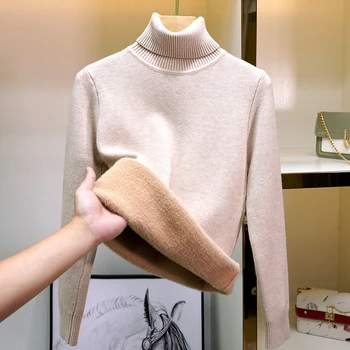 Утолщенная норковая кашемировая подкладка, водолазка, женский топ 2023, осенне-зимняя основа, теплый вязаный пуловер с длинным рукавом, свитер