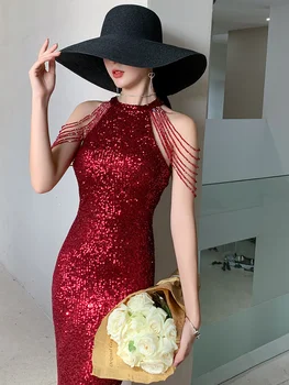 Роскошное вечернее платье с кисточками на плечах для знаменитостей 2023 года, новое коктейльное платье в стиле банкета винно-красного цвета, рыбий хвост невесты