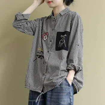 Женская повседневная рубашка, Новинка 2023 года, Корейский стиль, Винтажная Клетчатая Мультяшная вышивка, Женские Блузки и рубашки Оверсайз